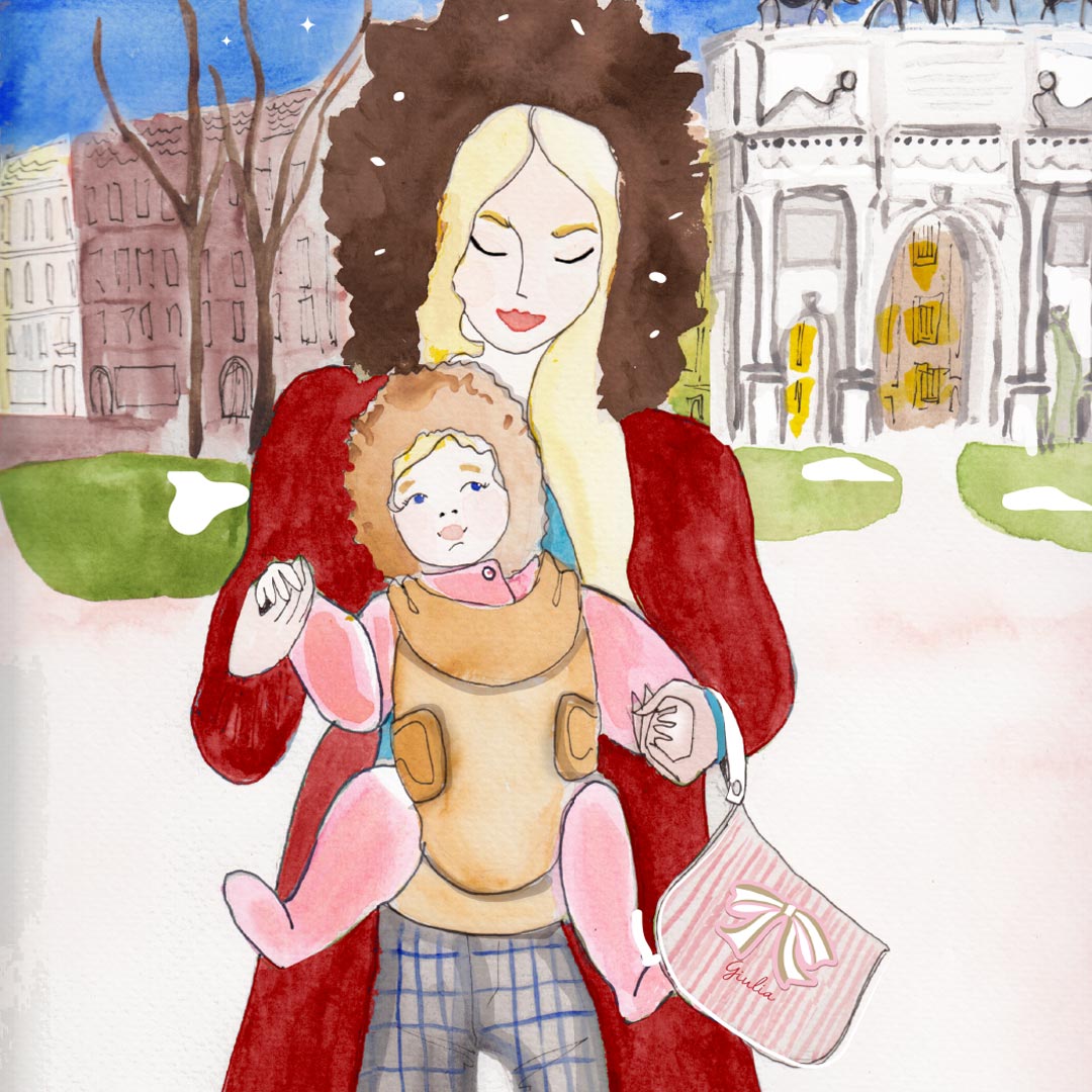 Illustrazione di mamma con bimba al parco e borsa mamma Solferina al braccio