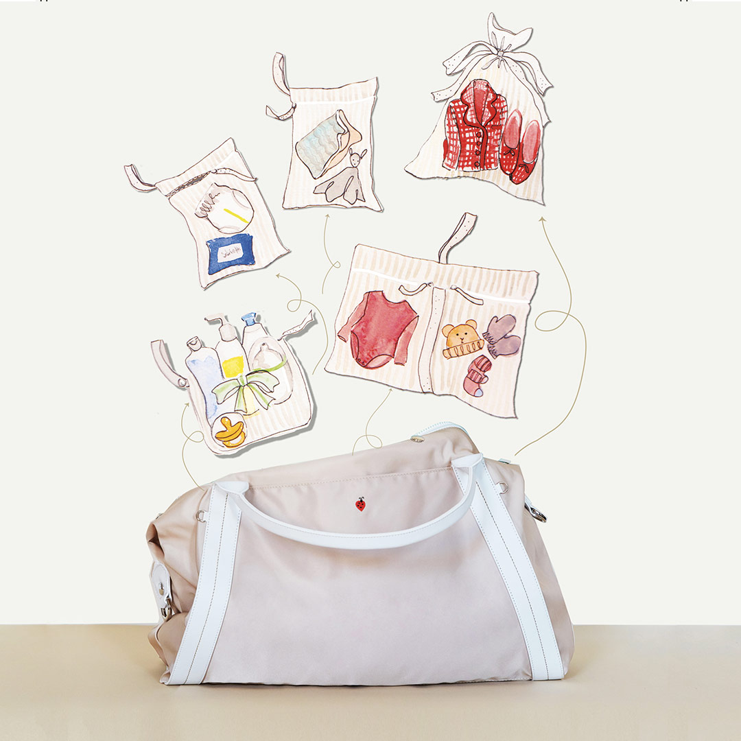 Borsa ospedale Solferina con sacchettine per organizzare ciò che serve per il parto 